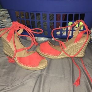 coral lace up wedge sandals